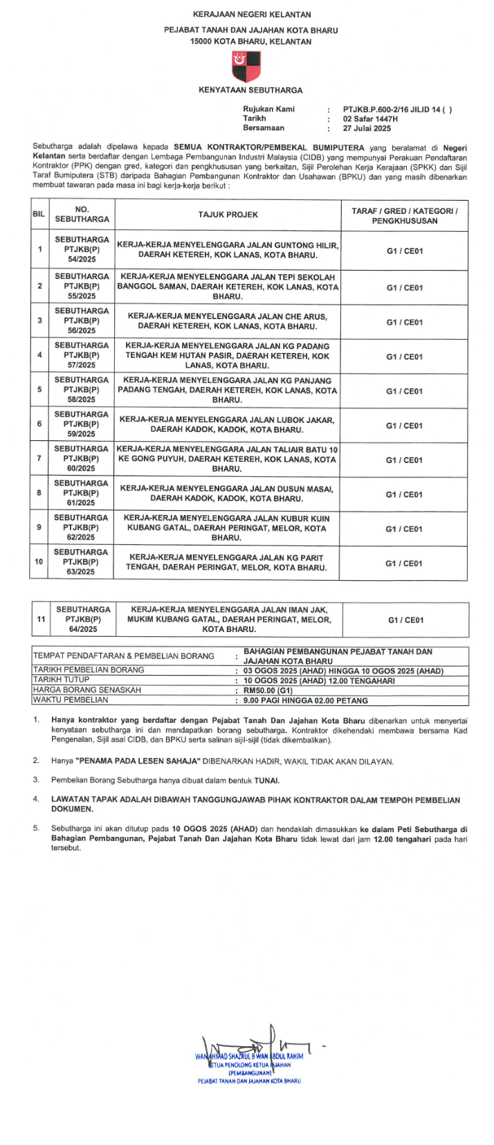 Kenyataan Sebutharga PTJKBP54 hingga 64 2025