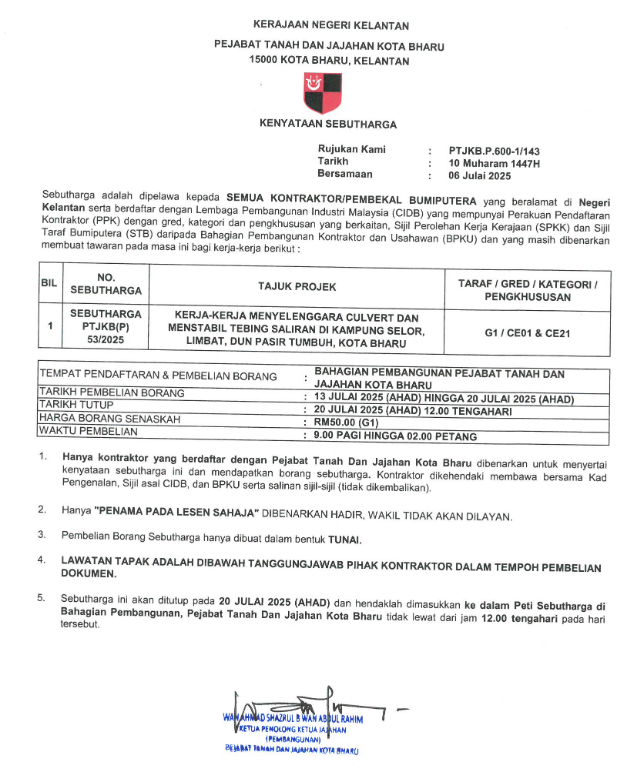 Kenyataan Sebutharga PTJKBP53 2025