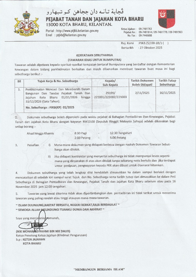 Kenyataan Sebutharga PTKBKP01 2025