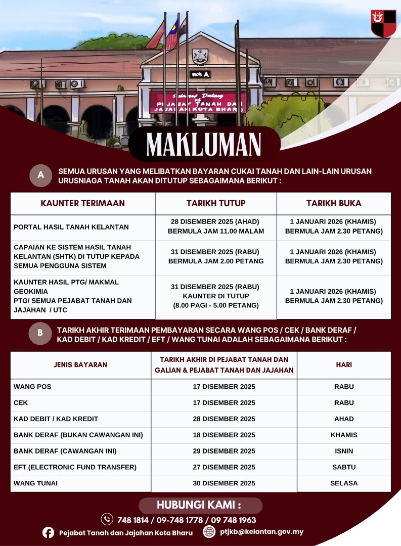 PENUTUPAN URUSNIAGA MELIBATKAN URUSAN TANAH DAN TARIKH AKHIR PENERIMAAN PEMBAYARAN TAHUN 2025