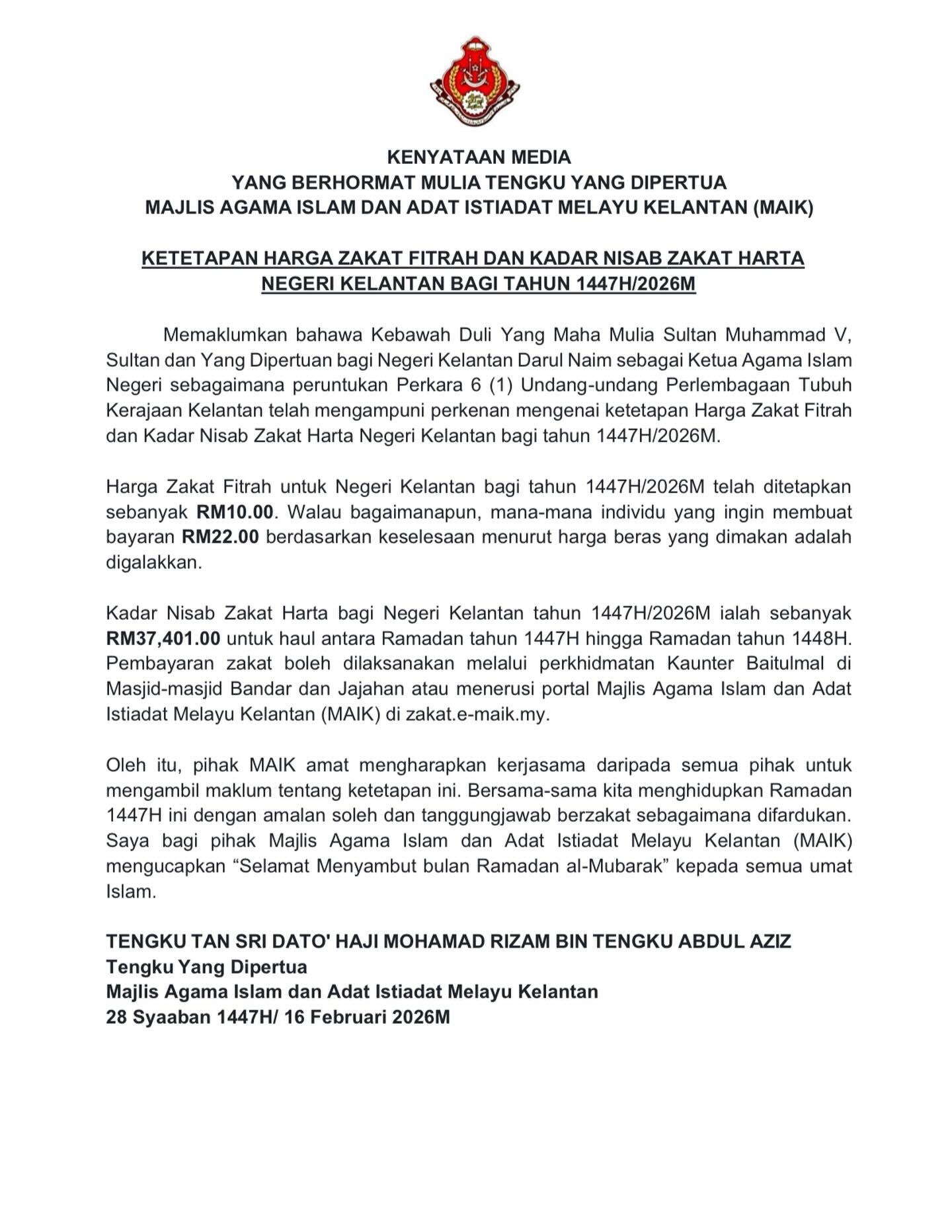 Kenyataan Akhbar - Ketetapan Harga Zakat Fitrah dan Kadar Nisab Zakat Harta Negeri Kelantan Tahun 2026